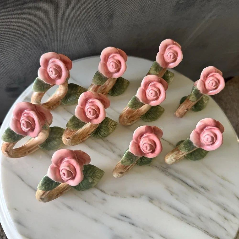 Vintage Fitz & Floyd Blushing Rose Napkin Rings Set Of 10